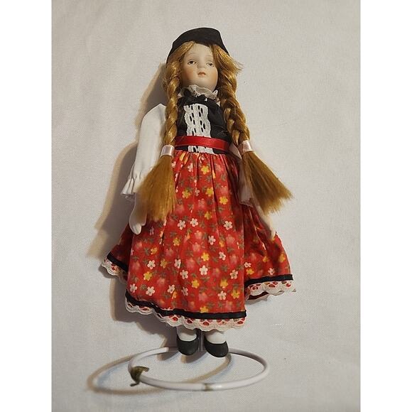 International Doll Porcelain Red Floral Dress Red Braided Hair 8.5" Vintage - Picture 1 of 9
